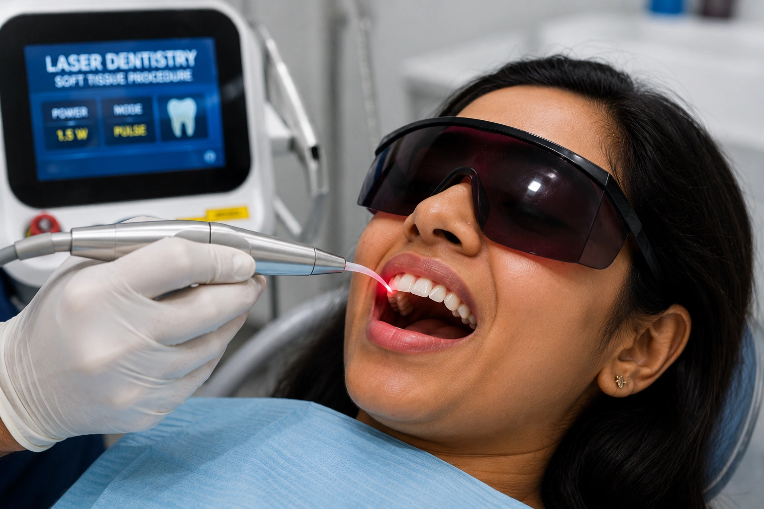 Dentist performing laser gum treatment using advanced dental laser technology